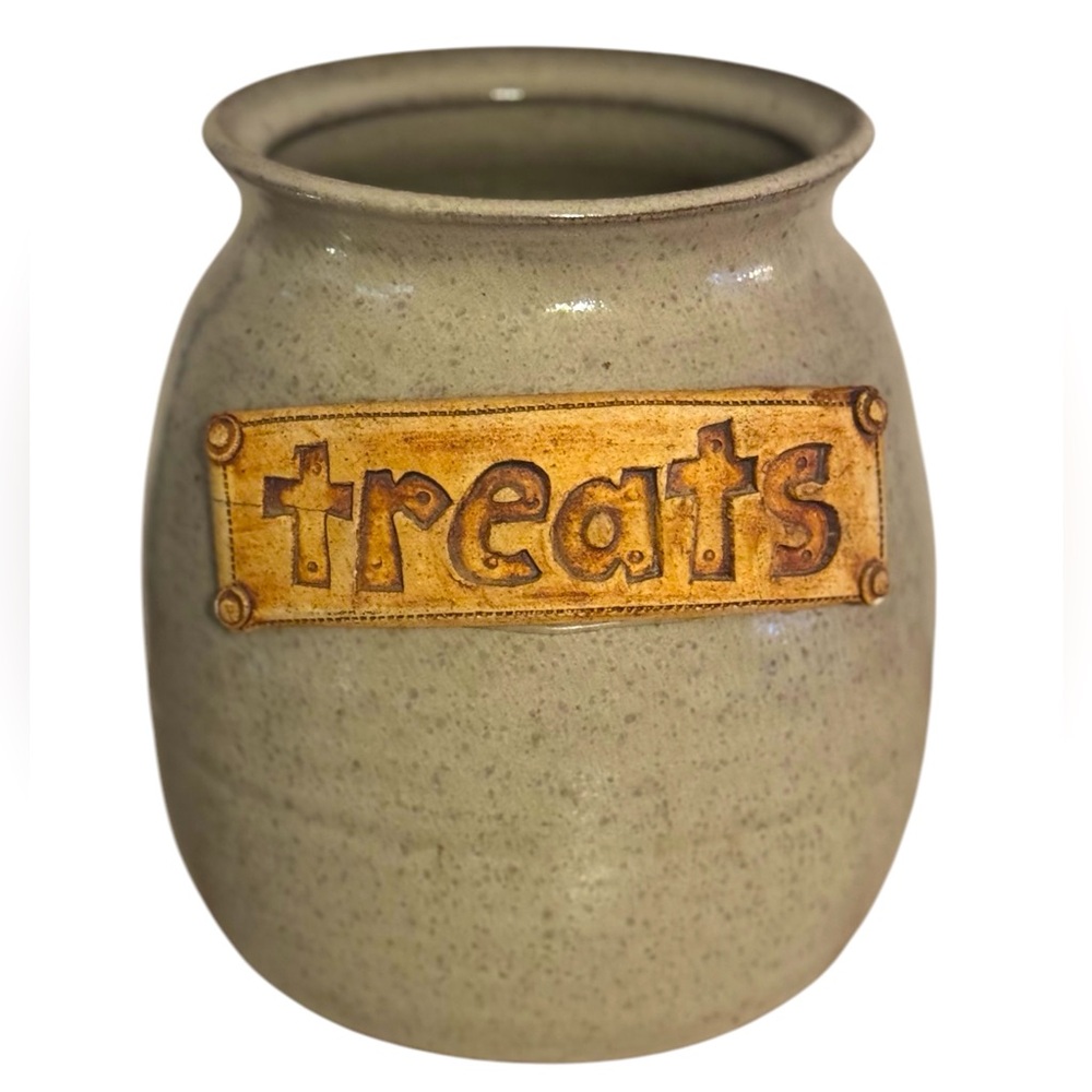 80’s Handmade Large Taupe Pottery Stoneware Dog ‘Treats’ Jar Signed